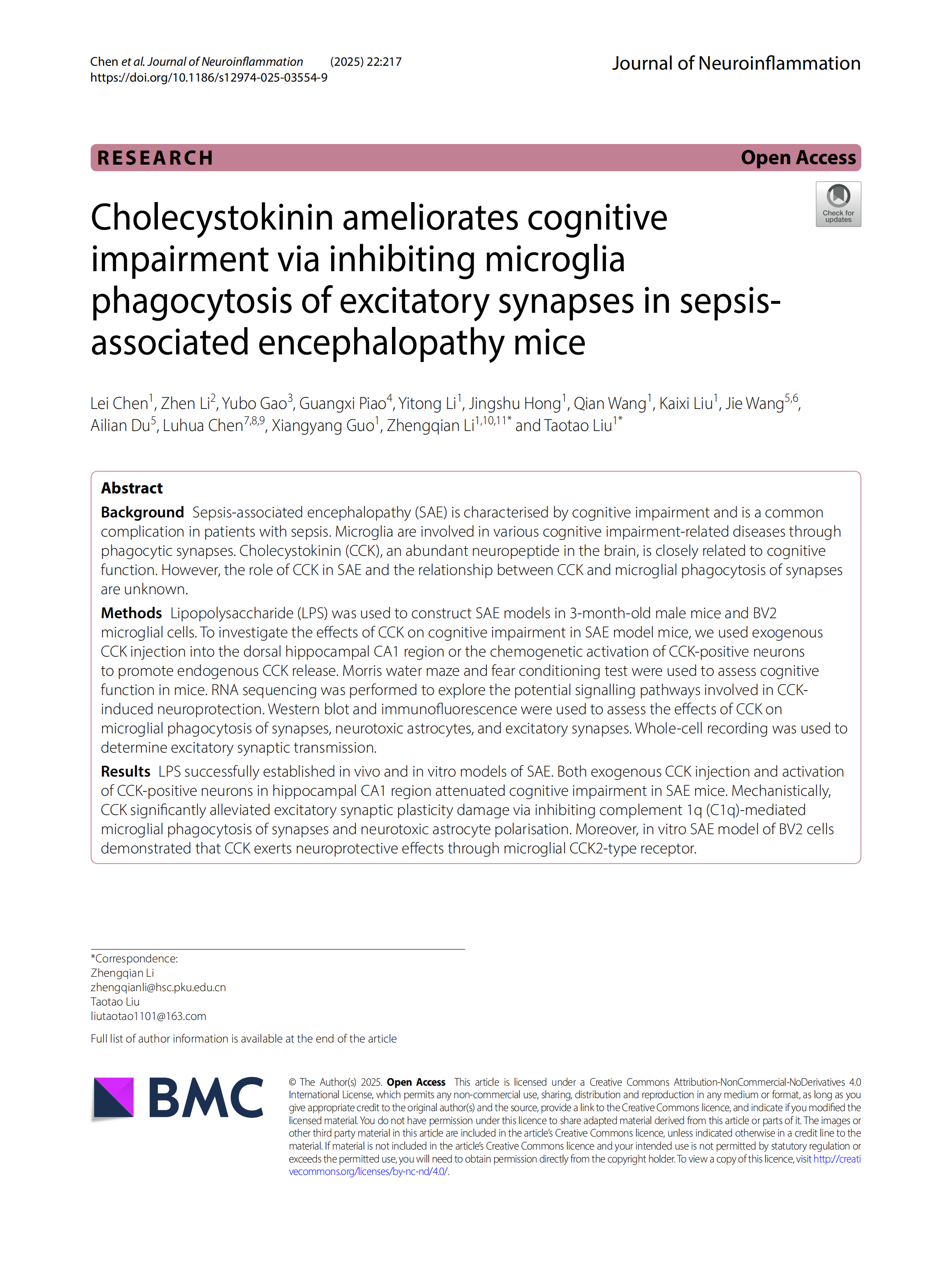 Cholecystokinin ameliorates cognitive impairment via inhibiting microglia phagocytosis of excitatory synapses in sepsis-associated encephalopathy mice